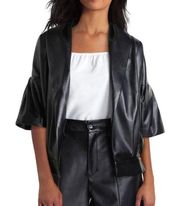 NWT H HALSTON Faux Leather Ruched Open Front Jacket Black Medium