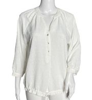 Como Vintage Popover Top White Swiss Dot 3/4 Sleeve V-Neck Half Button