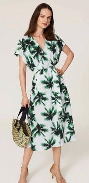 RTR Equipment Green/Pale Blue Bijou Dress Sz 4 Palm Print MIDI Waist Tie Silk