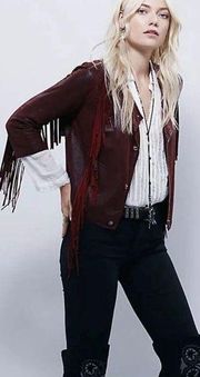 Cleobella Everly Fringe Moto Leather Suede Jacket Size Medium Burgundy Boho