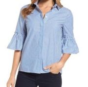 DRAPER JAMES Andrea Striped Button Down Ruffle Blouse Blue & White Size 8 Stripe