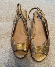 Yellow box, wedge, gold, sequin, open toe