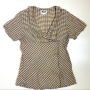 Flax Faux Wrap Ruffle Short Sleeve Plaid Linen Top S