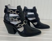 NWT Rebecca Minkoff Black Leather Seavie Cutout Dog Clip Bootie Strappy Heel 9.5