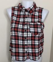 Sleeveless Red Plaid Crop Top Button Up Shirt Size Large L