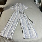 Gap Blue White Striped Button Shirt Sleeve Wide Leg Linen Blend Jumpsuit L Tall