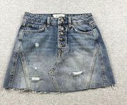 We The Free Skirt Womens Size 24  Exposed Button Fly Denim Distressed Boho