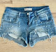 Womens distressed pearl blue Jean Shorts