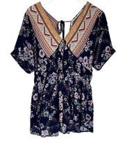 Davi & Dani Womens‎ Multicolor Floral Batwing Tunic Top Size S Boho Flowy Fall