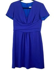 Carolina Herrera Women's Blue V Neck Short Sleeve Draped Waist Wool Dress Sz 6