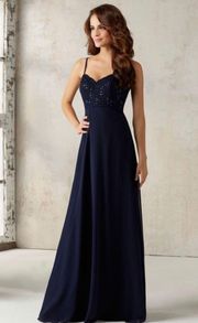 Navy Blue Sweetheart Beaded Lace and Chiffon Prom Dress Gown