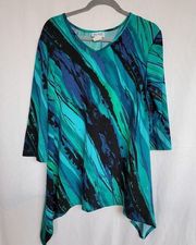 Blair Teal Green Blue V-Neck Flowy 3/4 Sleeves Relaxed Women's Blouse Size Large