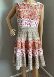 Fit & Flare Dress Tan Red Floral Sleeveless Polyester Size 8