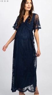 PinkBlush Navy Blue Lace Mesh Overlay Maternity Maxi Dress