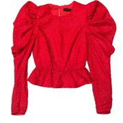 House of Harlow  1960 x Revolve Red Holiday Peplum Textured Long Sleeve Blouse XS