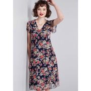 ModCloth Navy Blue Floral Flutter Sleeve MIDI Mesh Dress