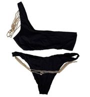 Beach Bunny Black One Shoulder Chain Bikini Bathing Suit Sz M