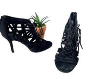 GRAY Saks Fifth Avenue Gladiator Strappy Heel Sandals Size 7 Black Suede LaceUp