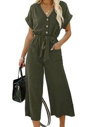 NEW Buttons Straight Wide Leg Cropped Jumpsuits M NO BELT