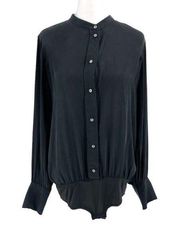 J Crew Silk Blend Stretch Mandarin Collar Button Up Bodysuit Sexy Black size 8