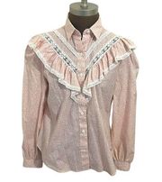 Vintage Panhandle Slim Western Ruffled Shirt Pink Yoke White Lace Trim Size 14