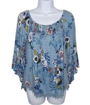 LUQ Stitch Fix Womens Blue Floral Scoop Neck Lace Trim Bell Sleeve Blouse Small