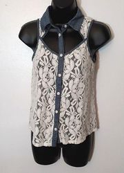 One Clothing lace and denim button up tank