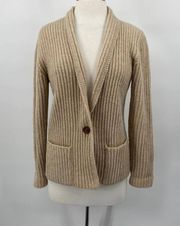 Vintage LL Bean Shetland Wool Cardigan Single Button Ribbed Knit Beige Womens M