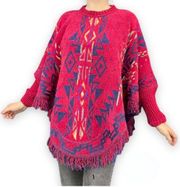 Marqlop Sweater Cape Poncho Womens One Size Red Chenille Aztec Fringe Mexican