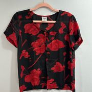 Vintage Women's Premier Internation Y2K Sheer black top with red flowers Sz M