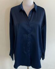 Nasty Gal Navy Satin Button Down Shirt