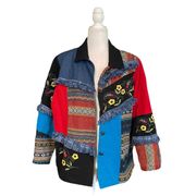 Indigo Moon Patchwork Denim Red Blue Floral Patchwork Jacket Large