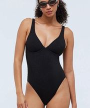 Black Ribbed Underwire Open-Back One-Piece Swimsuit Size XXL