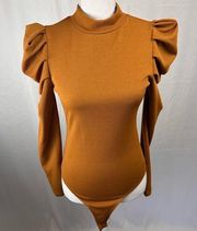 Fab’rik Brownish Burnt Orange Ruffle Shoulder Long Sleeve Bodysuit - Medium