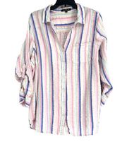 Velvet Heart Stripe Linen Blend Button Up Shirt Pink Blue Roll Tab Sleeves Sz 2X