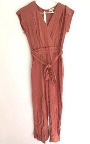 MONTEAU Rose Pink V-Neck Surplice Short Sleeve Belted Wide Leg Jumpsuit Small S