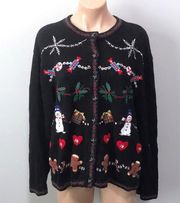 Tiara International Ugly Christmas Sweater Cardigan Holly Gingerbread Snowmen