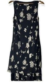 Rena Rowan Black White Floral Layered Tiered Sleeveless Shift Midi Dress 12