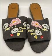 14th & Union Boho Embroidery Flat Slide Size 9 Grey Floral Sliders