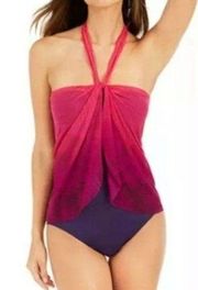 Lauren Ralph Lauren Plum Ombre Flyaway Swimsuit sz 8 one piece halter strapless