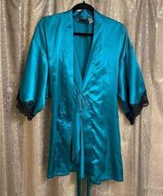 Fredericks Of Hollywood Teal Black Lace Satin Silky Robe, Small