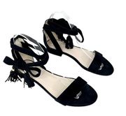 Kenneth Cole New York Valen black suede leather ankle wrap tassel flat sandals