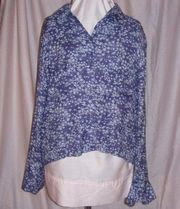 Ditsy Blue Floral Hi Lo Button Front Shirt Top Flowy, Swingy Cut Large