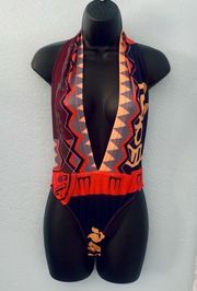 Blue & Orange Abstract Print Plunge Neck Halter Bodysuit Size Medium