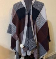 LOFT Plaid Knit Poncho Shawl Sweater Wrap Cape Pom Poms Small Medium Large XL