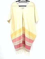 Tribe Alive Womens One Size Fringed Poncho Cream Red Yellow Striped