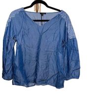 Massimo Dutti Embroidered Chambray Peasant Top NWT Size 2
