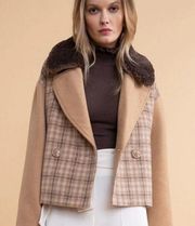 Rachel Parcell Tan Almond Plaid Double Breasted Faux Fur Collar Coat Size M NWT