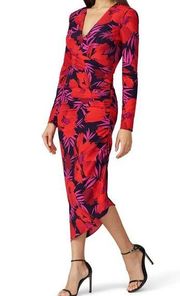 Veronica Beard  Alvaro Floral Print Silk Long Sleeve V-Neck Ruched Sheath Dress