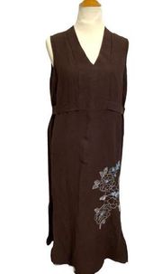 Norton McNaughton VTG Linen Sheath Maxi Dress Brown Floral embroidered size L